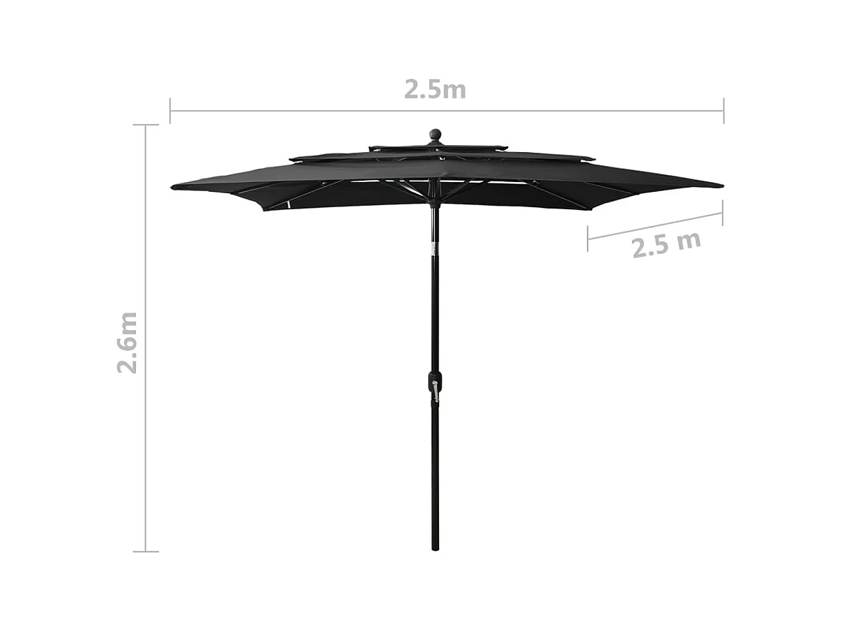 Parasol à 3 niveaux avec mât en aluminium Noir 2,5x2,5 m