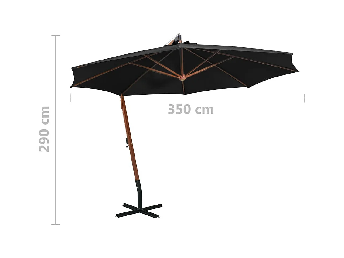 Parasol suspendu avec mât Noir 3,5x2,9 m Bois de sapin massif