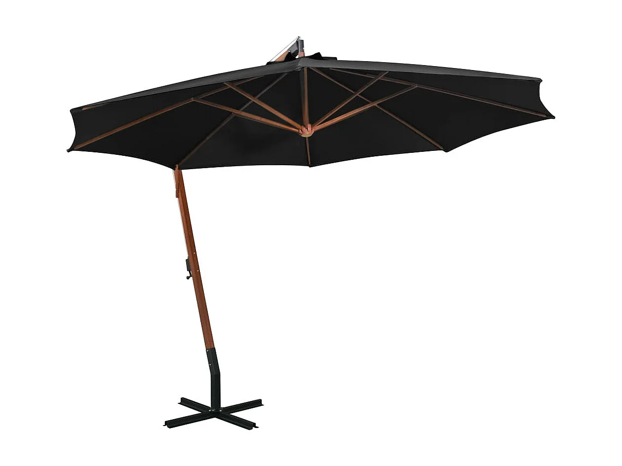 Parasol suspendu avec mât Noir 3,5x2,9 m Bois de sapin massif