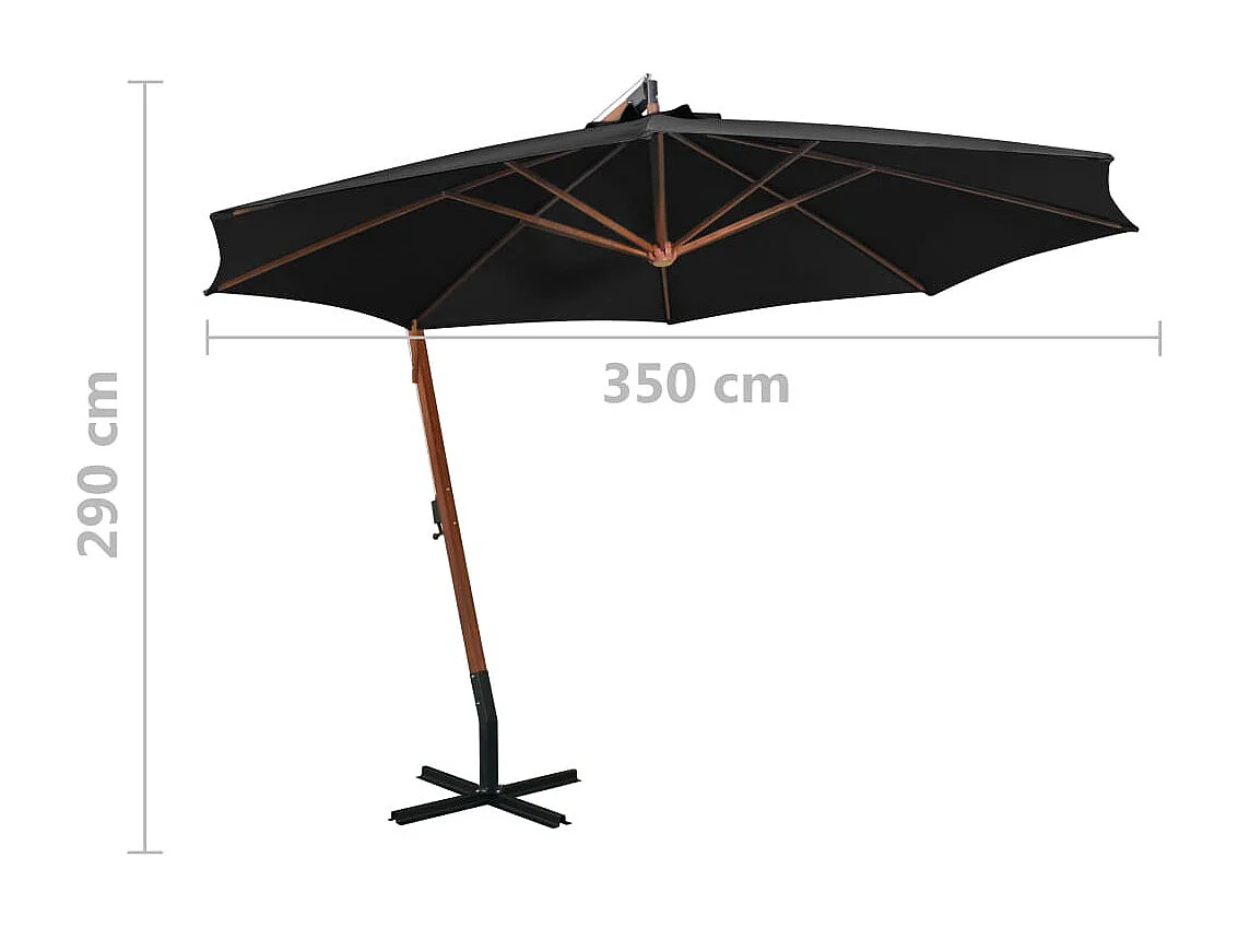 Parasol suspendu avec mât Noir 3,5x2,9 m Bois de sapin massif