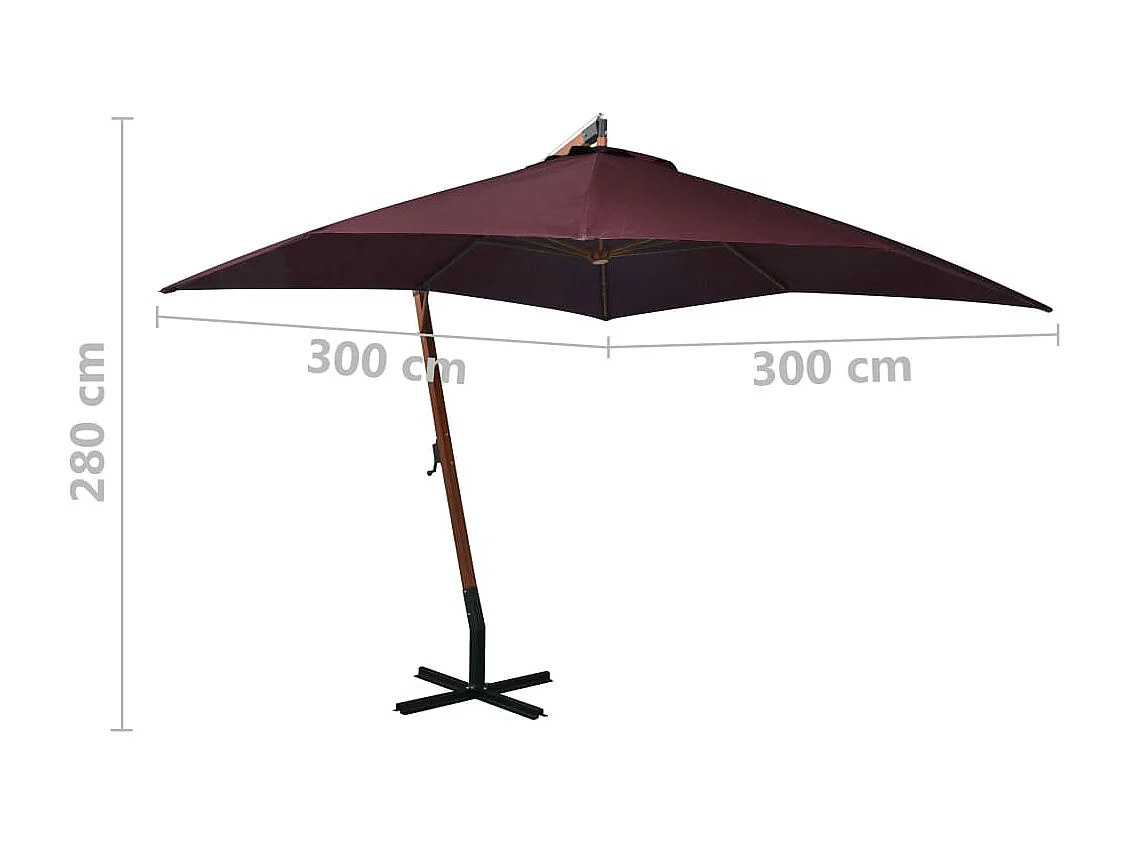 Parasol suspendu avec mât Rouge bordeaux 3x3 m Bois de sapin