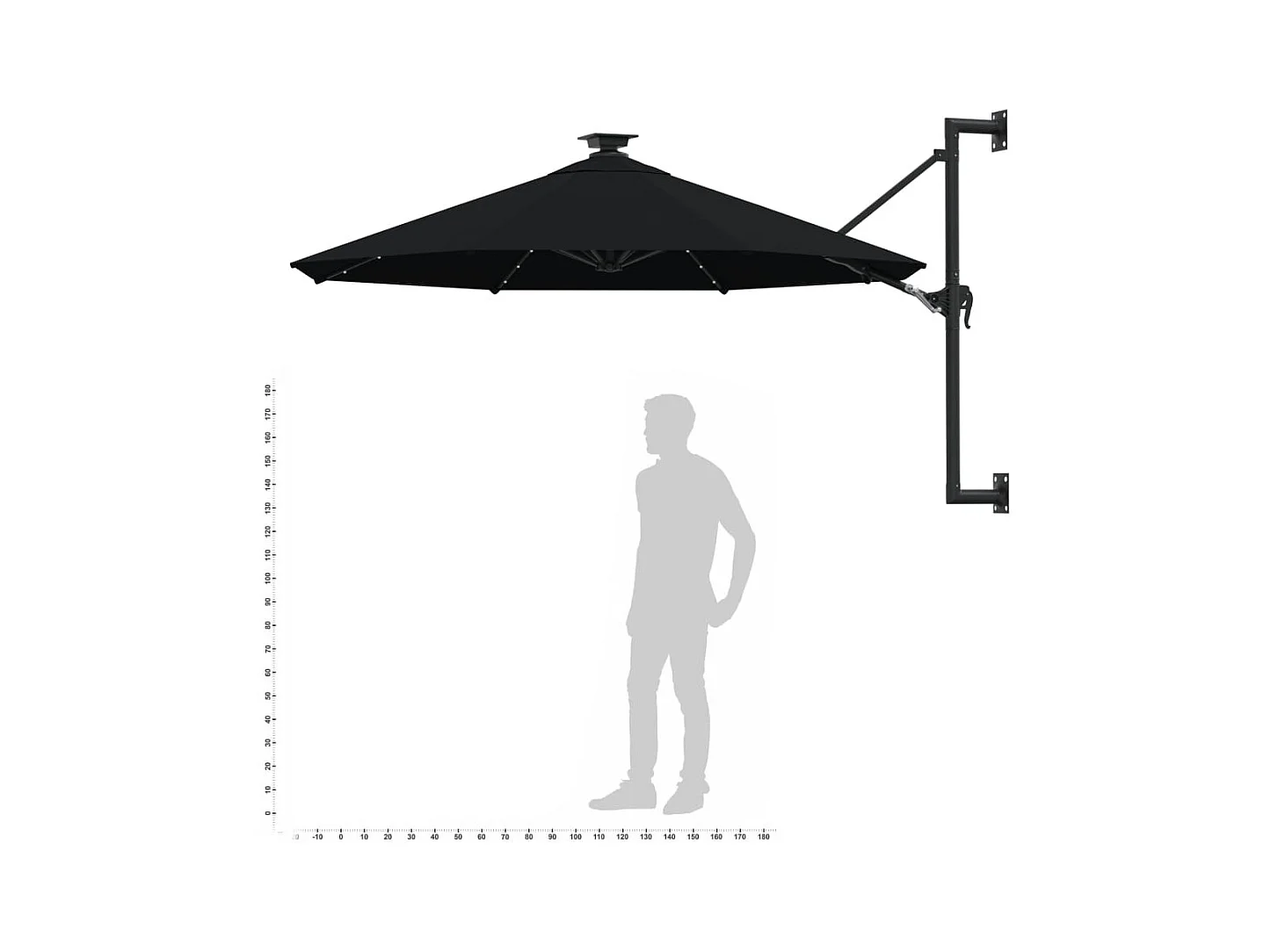 Parasol mural avec mât métallique et LED 300cm Noir