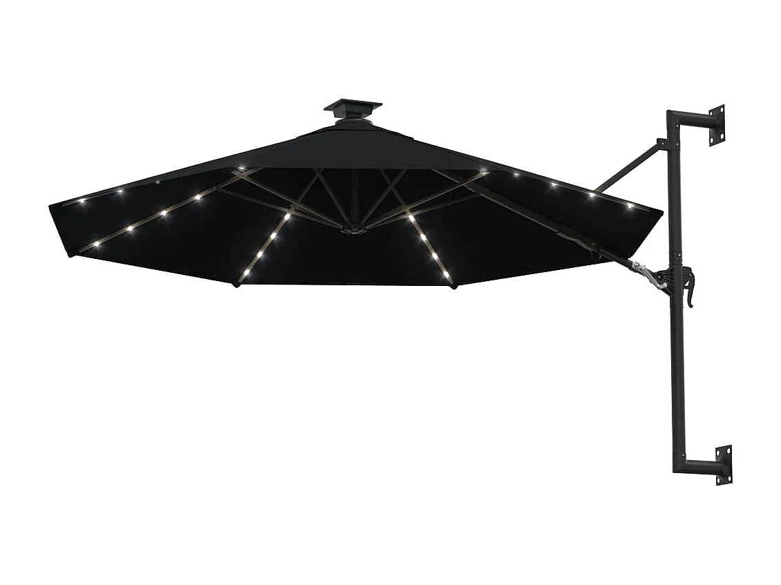 Parasol mural avec mât métallique et LED 300cm Noir