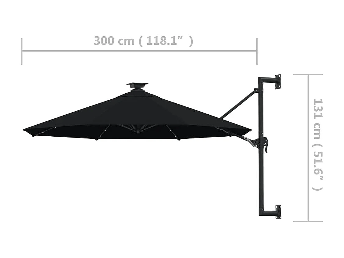 Parasol mural avec mât métallique et LED 300cm Noir