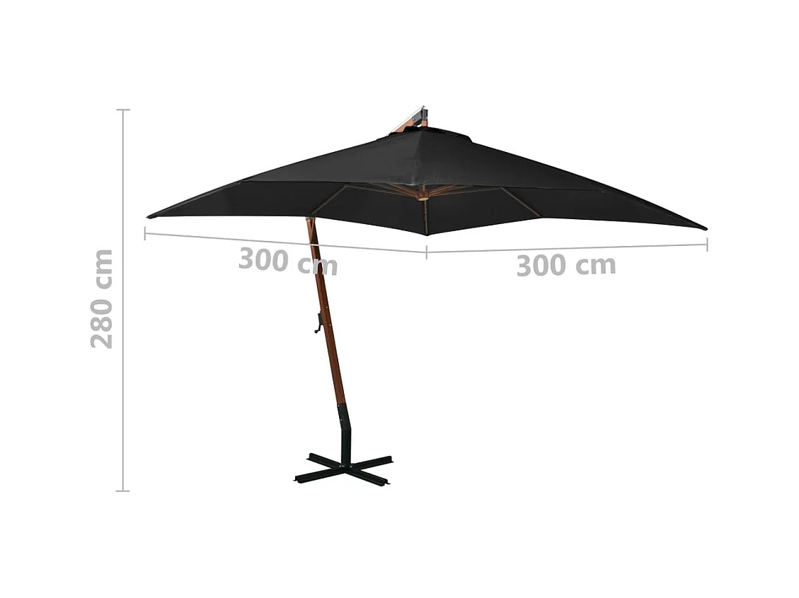 Parasol suspendu avec mât Noir 3x3 m Bois de sapin massif