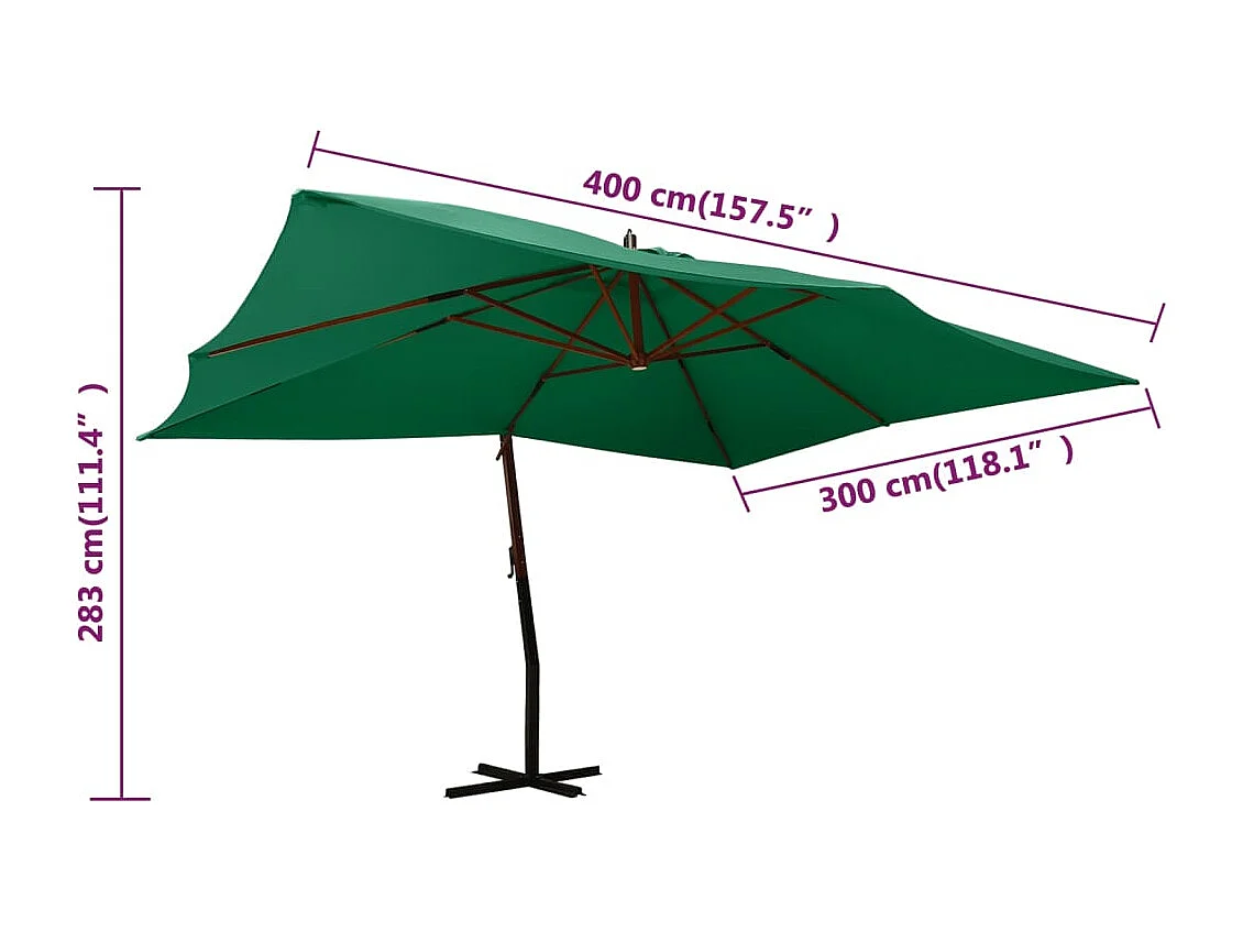 Parasol en porte-à-faux avec mât en bois 400x300 Vert