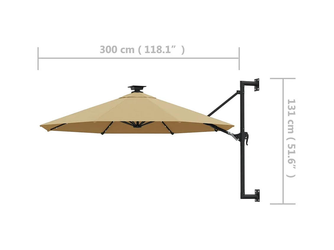 Parasol mural avec mât métallique et LED 300cm Taupe