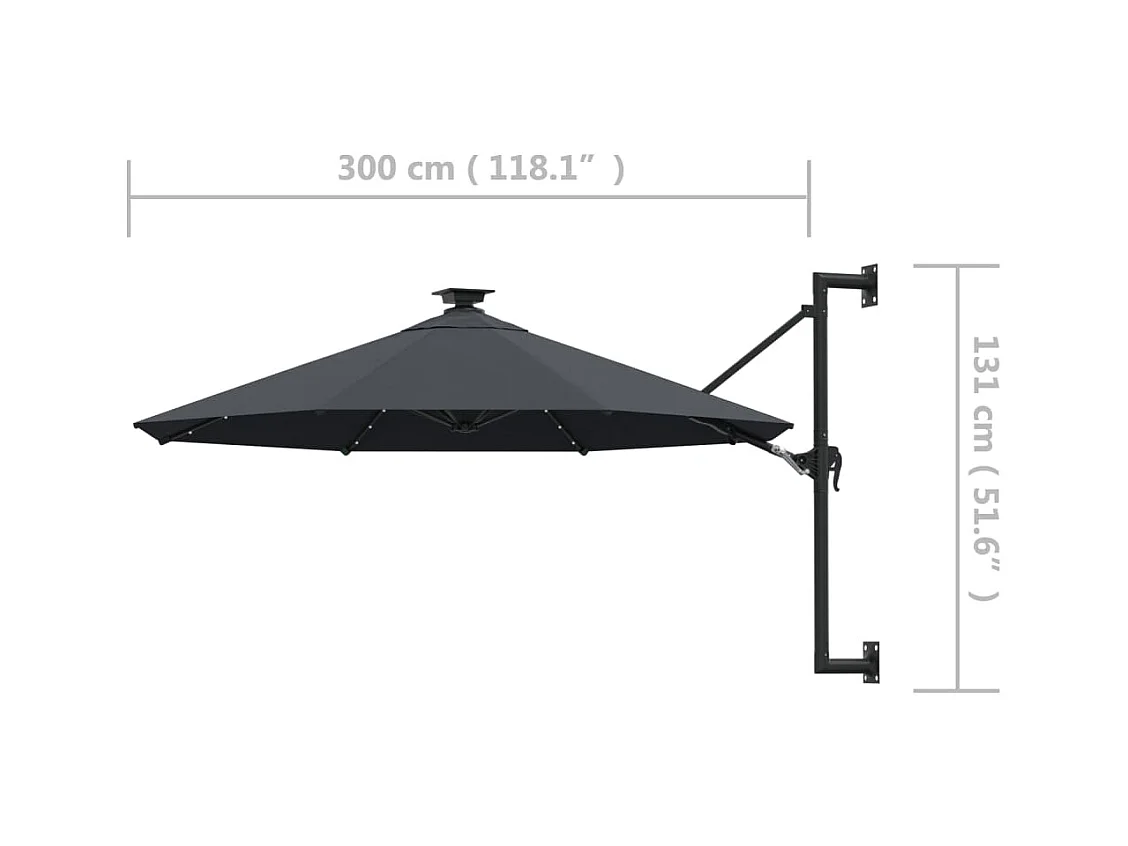 Parasol mural avec mât métallique et LED 300cm Anthracite