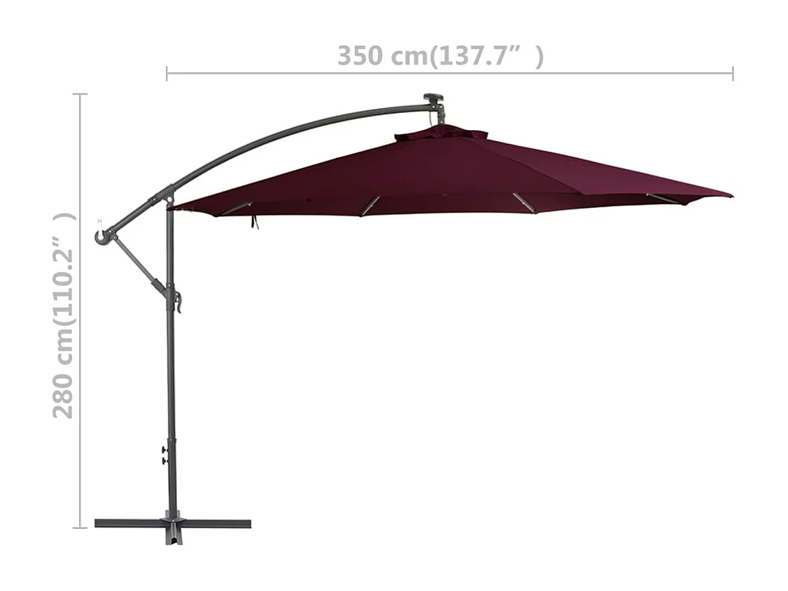 Parasol déporté avec lumières LED Rouge bordeaux 350cm