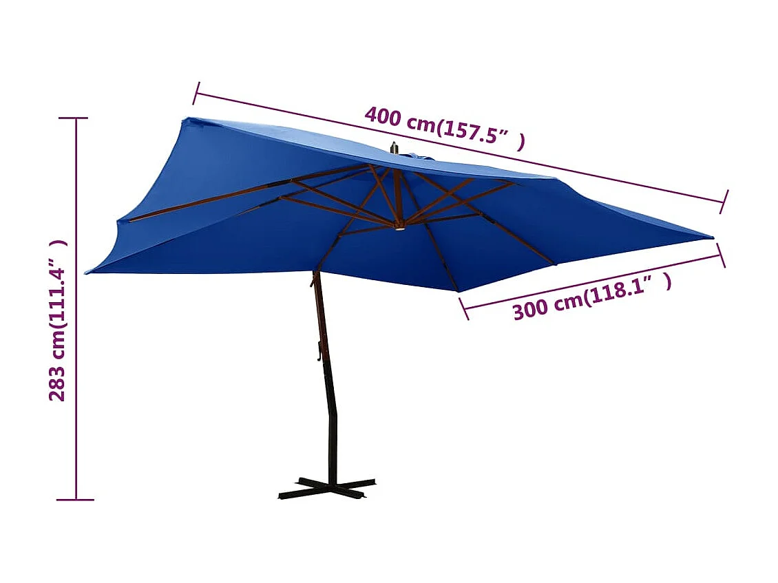 Parasol en porte-à-faux avec mât en bois 400x300 Bleu azuré