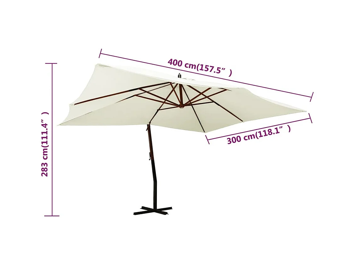 Parasol en porte-à-faux avec mât en bois 400x300 Blanc sable
