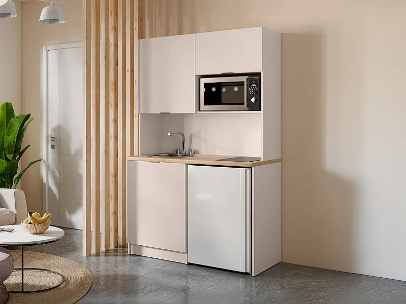 Meuble multifonction kitchenette et buanderie - Avec plan de travail 120 cm - Beige et naturel - CARMEO