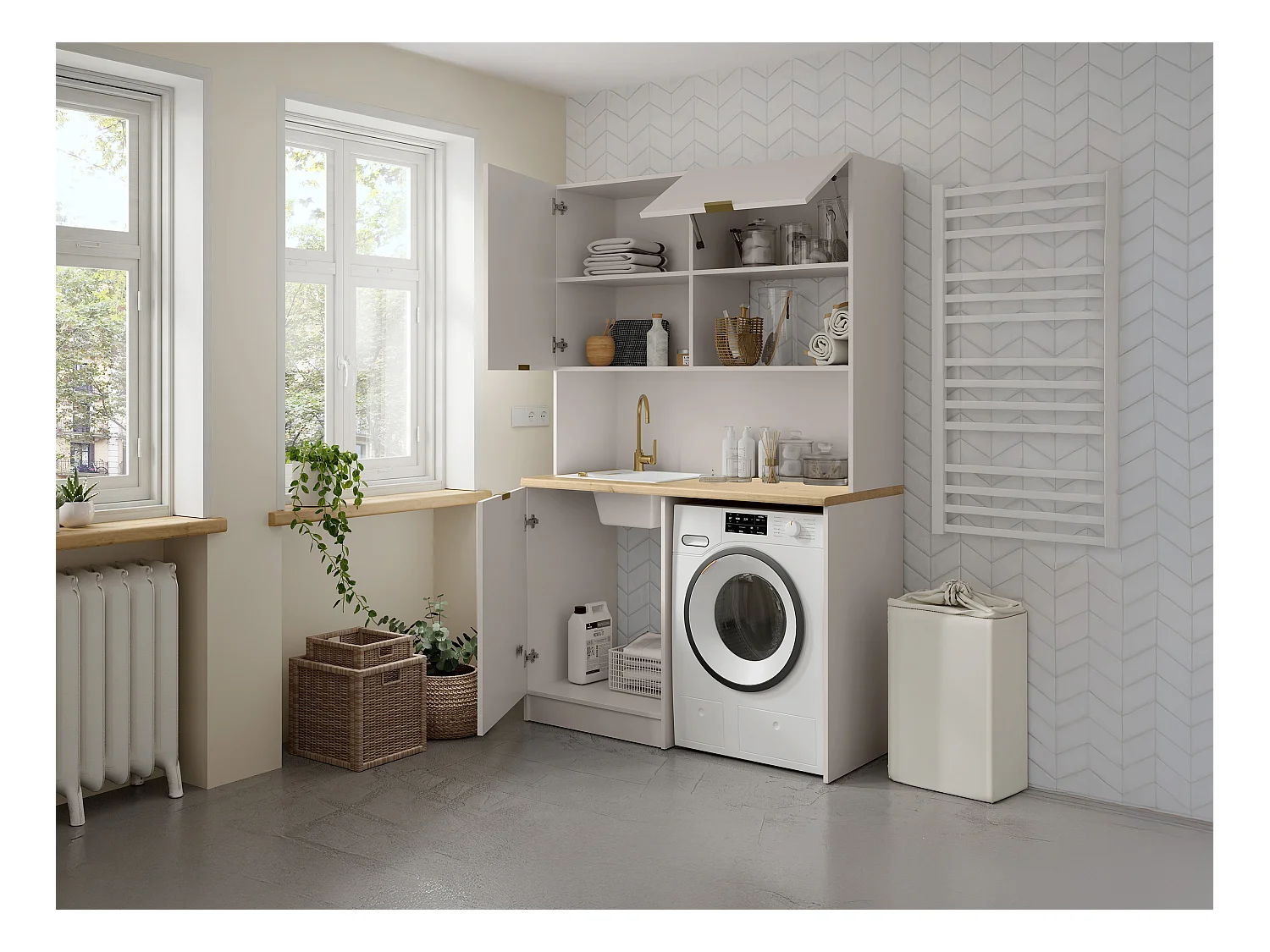 Meuble multifonction kitchenette et buanderie - Avec plan de travail 120 cm - Beige et naturel - CARMEO