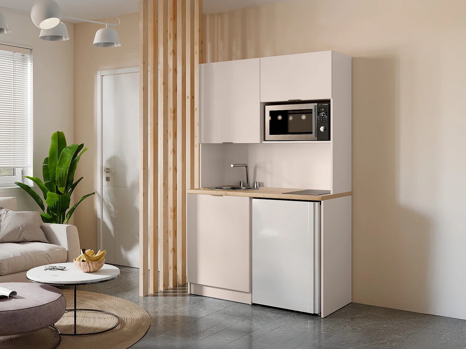 Meuble multifonction kitchenette et buanderie - Avec plan de travail 120 cm - Beige et naturel - CARMEO