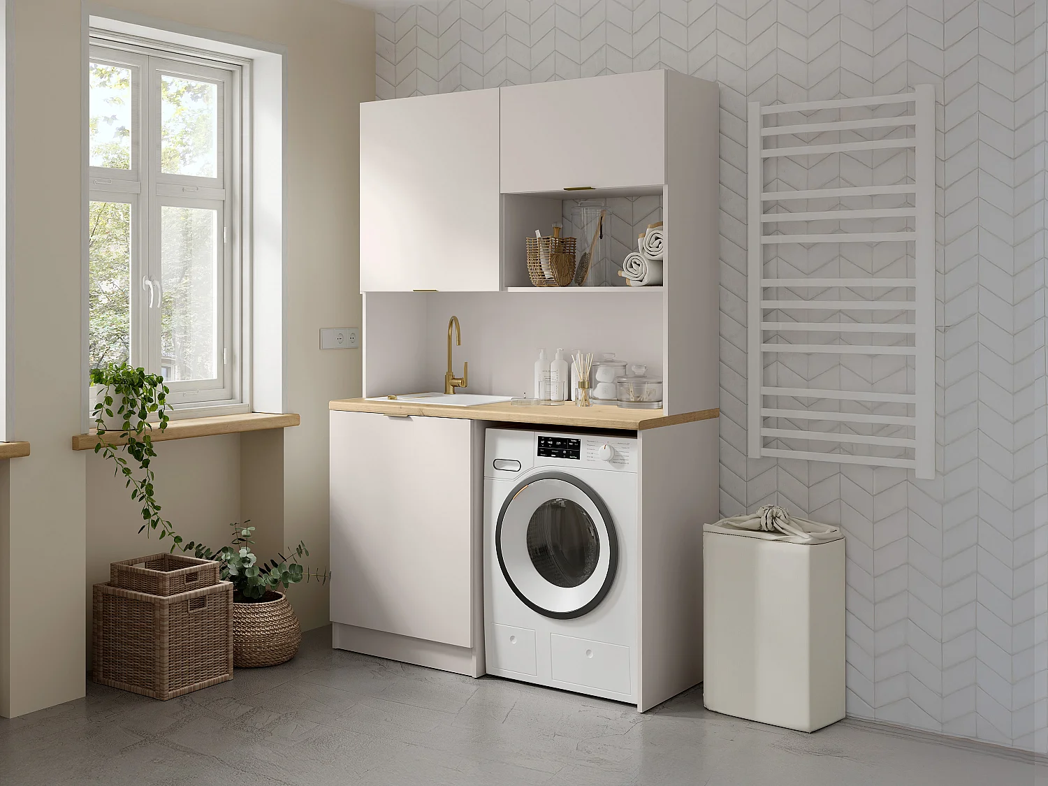 Meuble multifonction kitchenette et buanderie - Avec plan de travail 120 cm - Beige et naturel - CARMEO