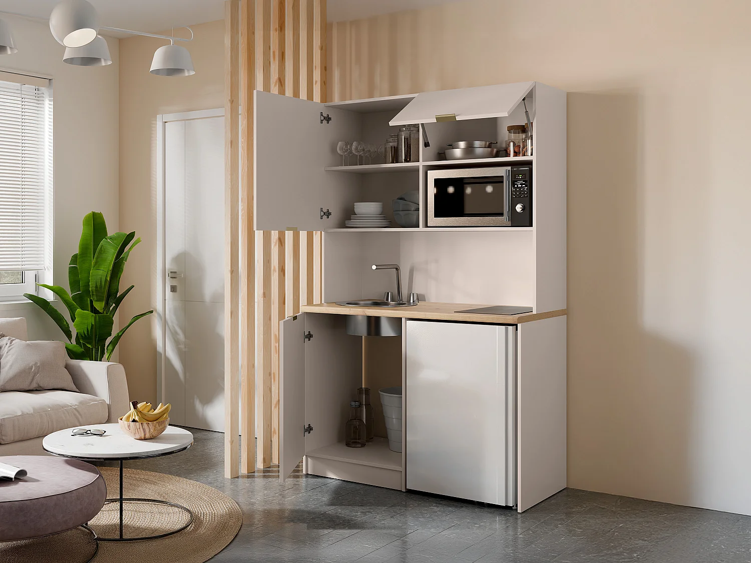 Meuble multifonction kitchenette et buanderie - Avec plan de travail 120 cm - Beige et naturel - CARMEO