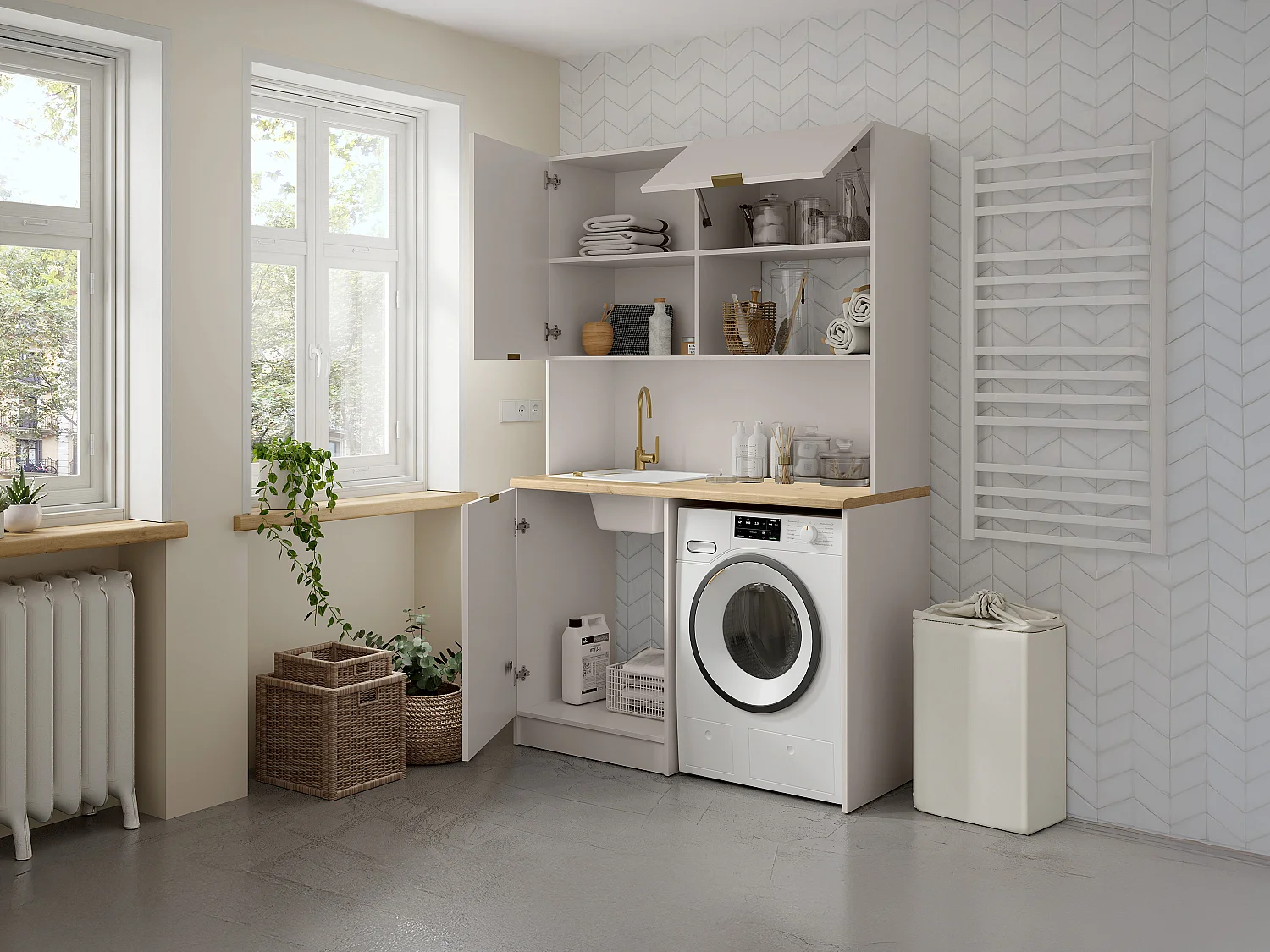 Meuble multifonction kitchenette et buanderie - Avec plan de travail 120 cm - Beige et naturel - CARMEO