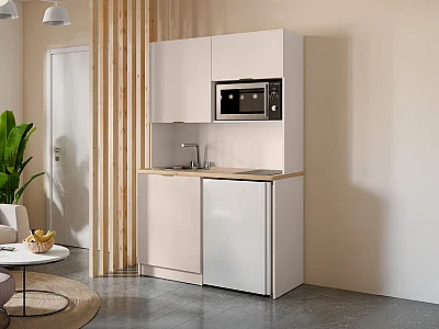 Multifunction kitchenette and laundry unit - With 120 cm worktop - Beige and natural - CARMEO