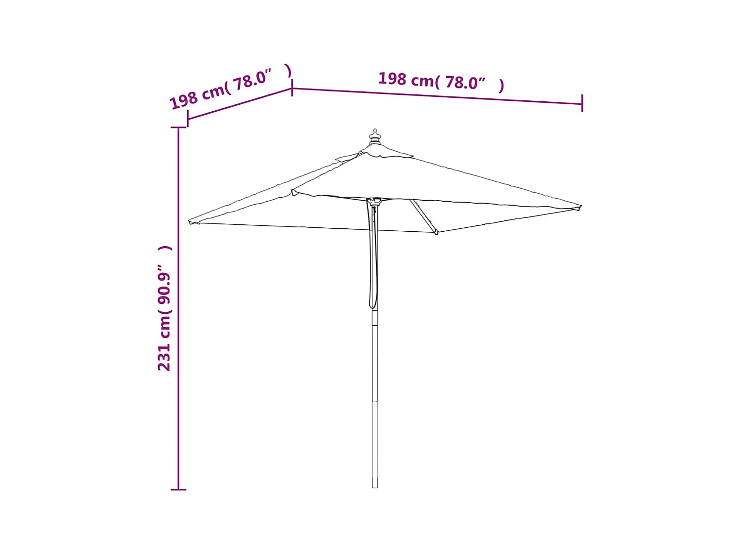 Parasol de jardin avec mât en bois rouge bordeaux 198x198x231
