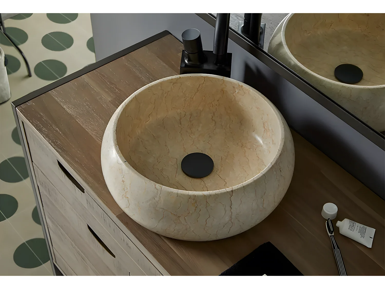 Vasque à poser / lavabo en marbre coloris beige - Diamètre 42 x Hauteur 15 cm