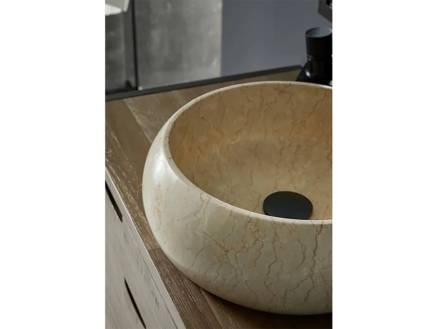 Vasque à poser / lavabo en marbre coloris beige - Diamètre 42 x Hauteur 15 cm