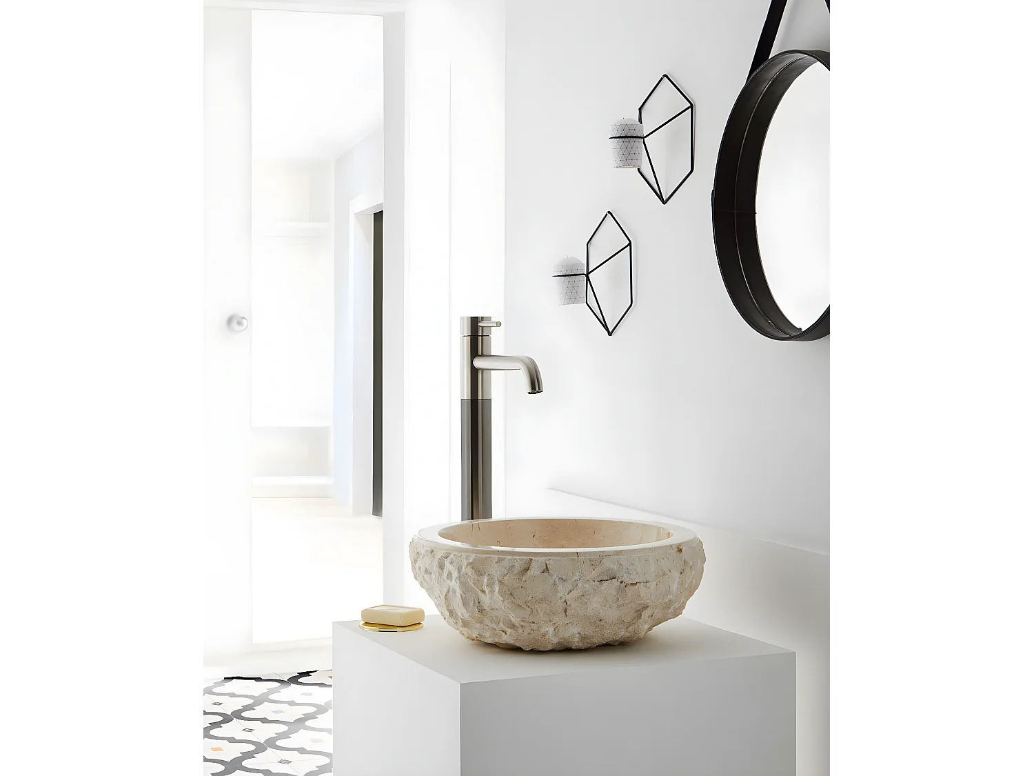 Vasque à poser / lavabo en marbre coloris beige - Diamètre 40 x Hauteur 15 cm