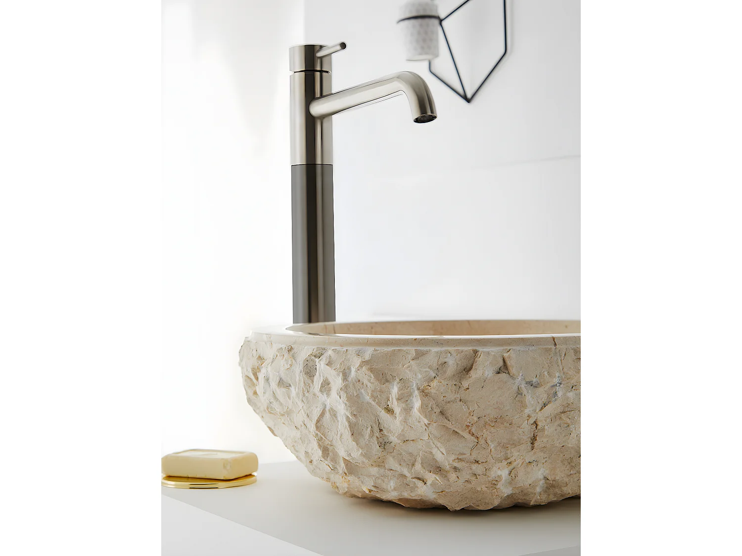 Vasque à poser / lavabo en marbre coloris beige - Diamètre 40 x Hauteur 15 cm