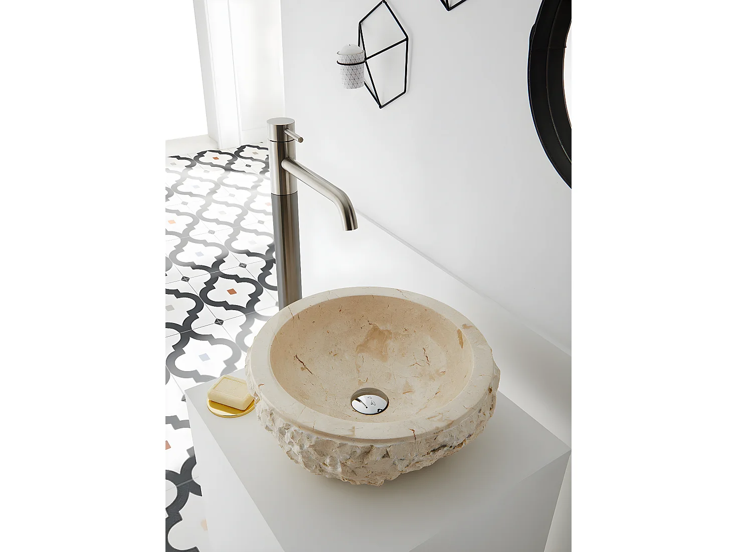 Vasque à poser / lavabo en marbre coloris beige - Diamètre 40 x Hauteur 15 cm