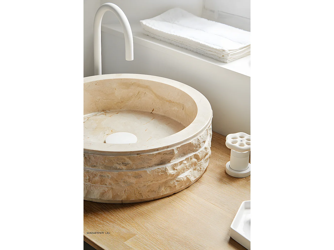 Vasque à poser / lavabo rond en marbre, coloris beige - Diamètre 40 x Hauteur 15 cm