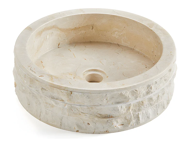 Vasque à poser / lavabo rond en marbre, coloris beige - Diamètre 40 x Hauteur 15 cm