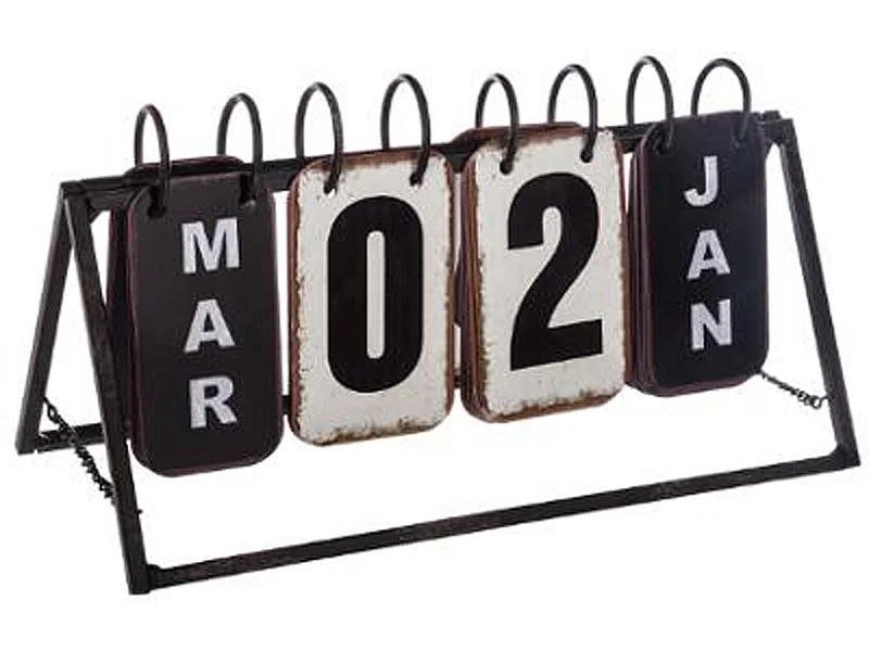 Calendrier vintage en métal coloris noir et blanc - Dim : L.27 x l.12 x H.14 cm