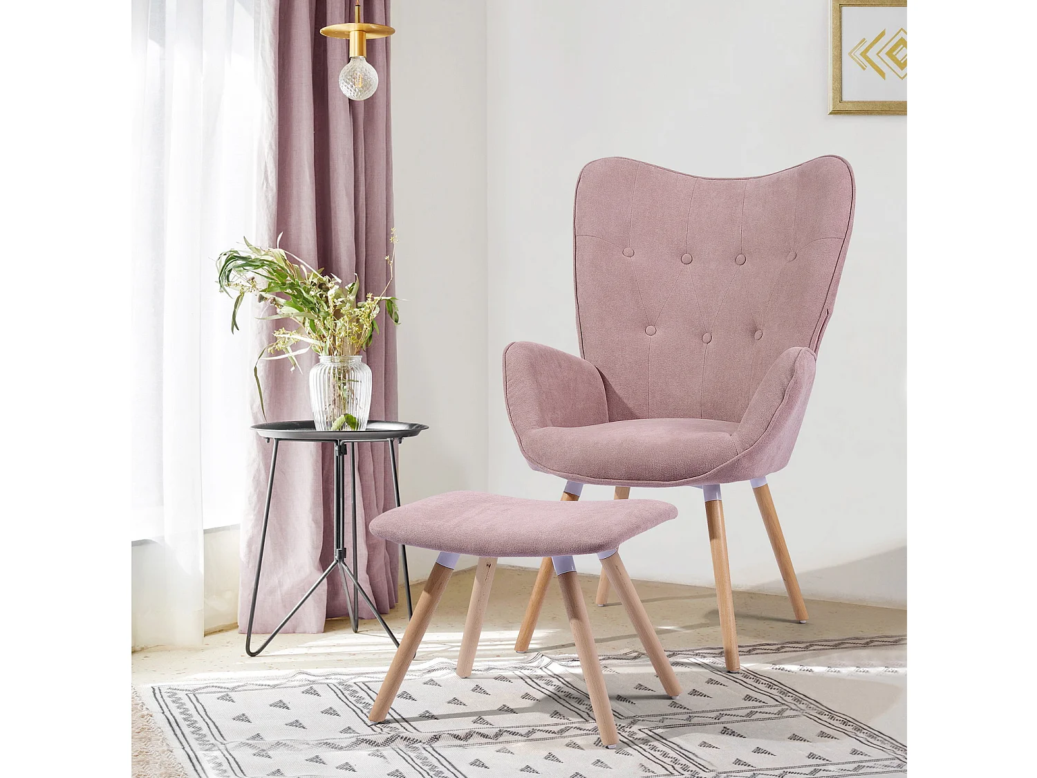MEUBLES COSY Grand Fauteuil avec Repose Pouf, Revêtement en Tissu Rose, des Accoudoirs Rembourrés et des Pieds en Bois Massif (Hêtre)