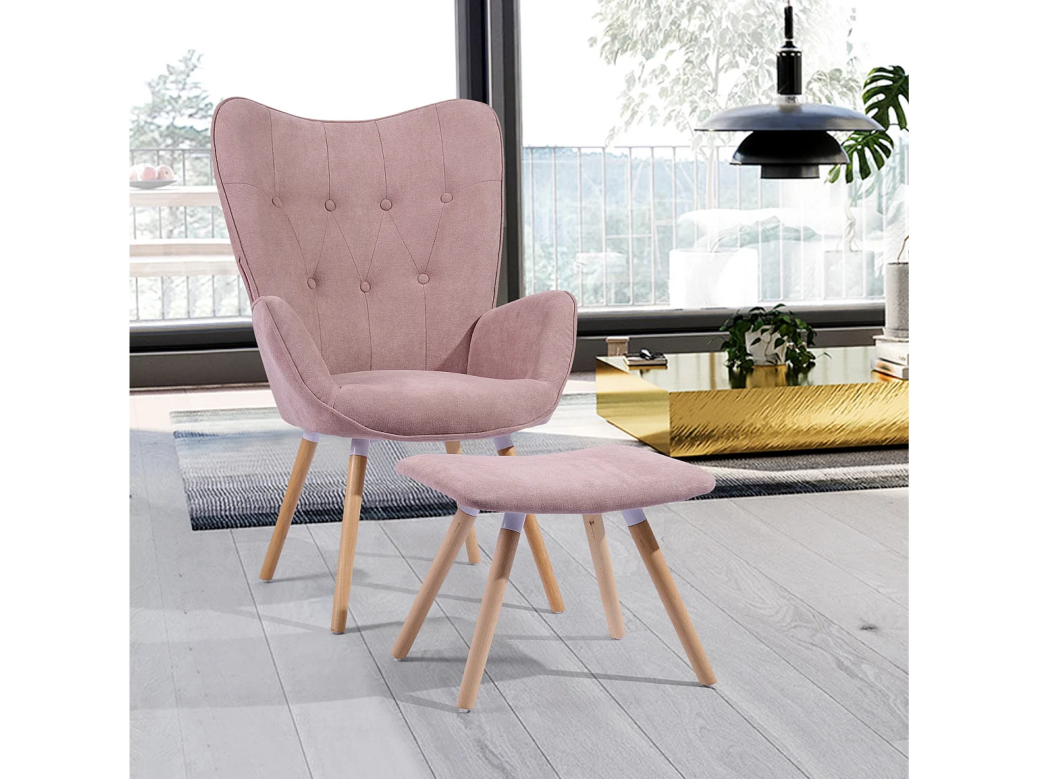 MEUBLES COSY Grand Fauteuil avec Repose Pouf, Revêtement en Tissu Rose, des Accoudoirs Rembourrés et des Pieds en Bois Massif (Hêtre)