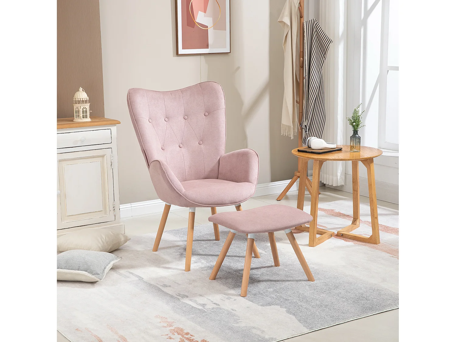 MEUBLES COSY Grand Fauteuil avec Repose Pouf, Revêtement en Tissu Rose, des Accoudoirs Rembourrés et des Pieds en Bois Massif (Hêtre)