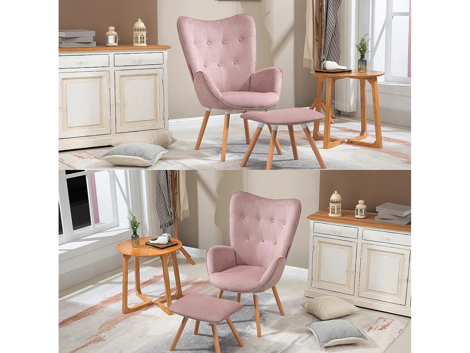 MEUBLES COSY Grand Fauteuil avec Repose Pouf, Revêtement en Tissu Rose, des Accoudoirs Rembourrés et des Pieds en Bois Massif (Hêtre)