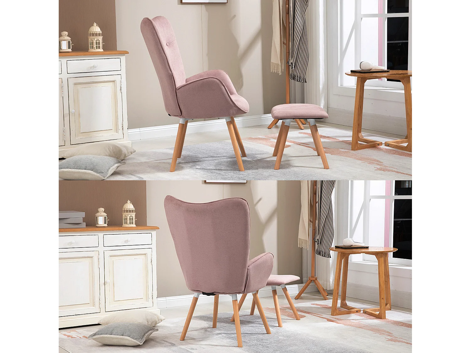 MEUBLES COSY Grand Fauteuil avec Repose Pouf, Revêtement en Tissu Rose, des Accoudoirs Rembourrés et des Pieds en Bois Massif (Hêtre)