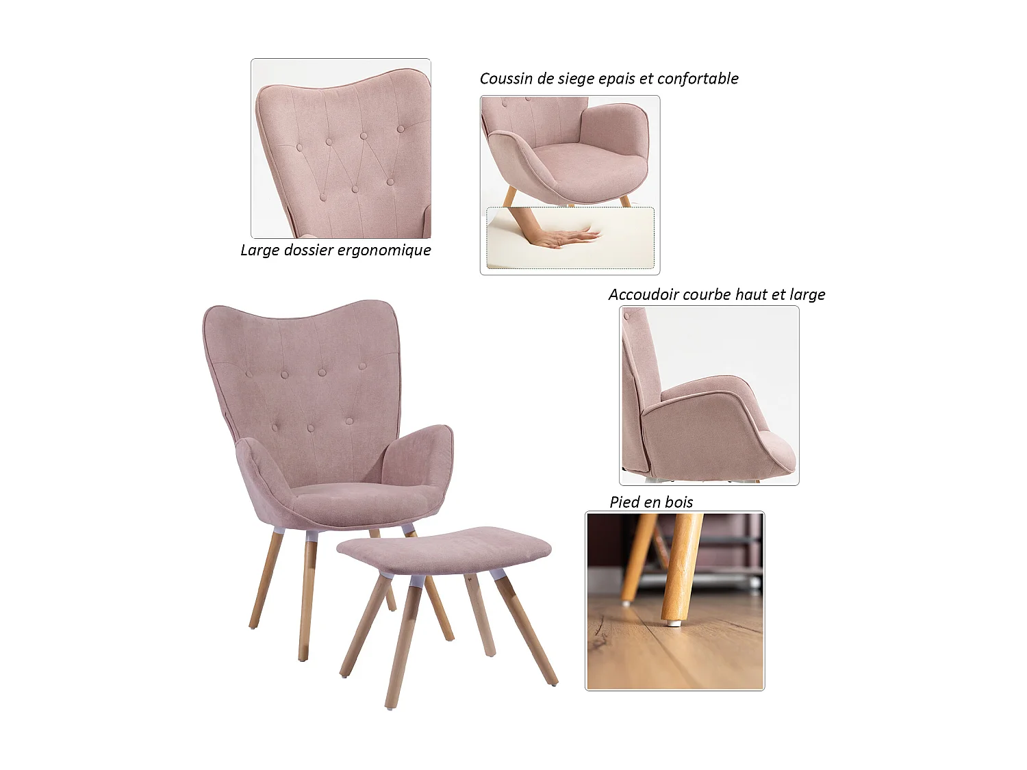 MEUBLES COSY Grand Fauteuil avec Repose Pouf, Revêtement en Tissu Rose, des Accoudoirs Rembourrés et des Pieds en Bois Massif (Hêtre)