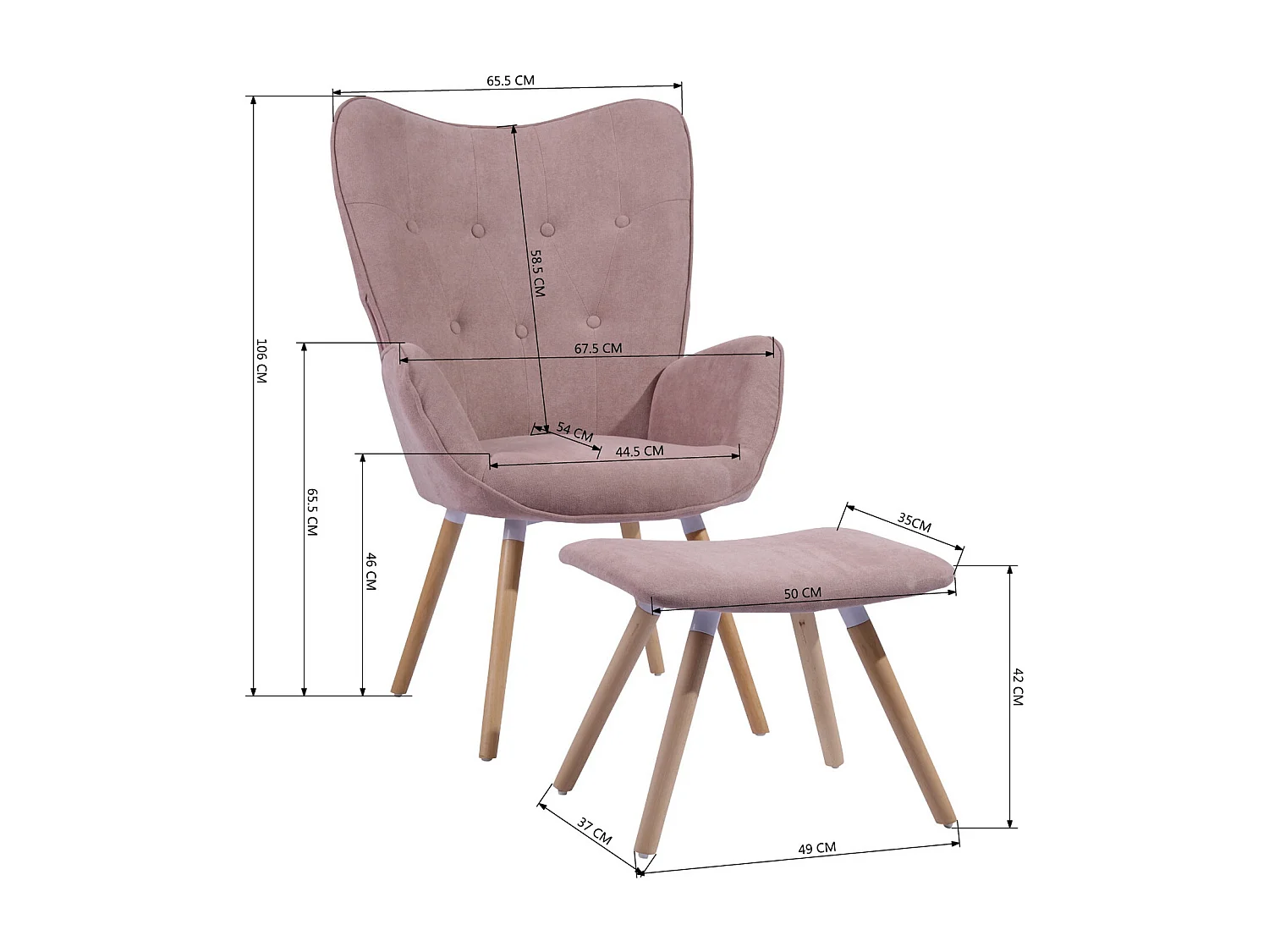 MEUBLES COSY Grand Fauteuil avec Repose Pouf, Revêtement en Tissu Rose, des Accoudoirs Rembourrés et des Pieds en Bois Massif (Hêtre)
