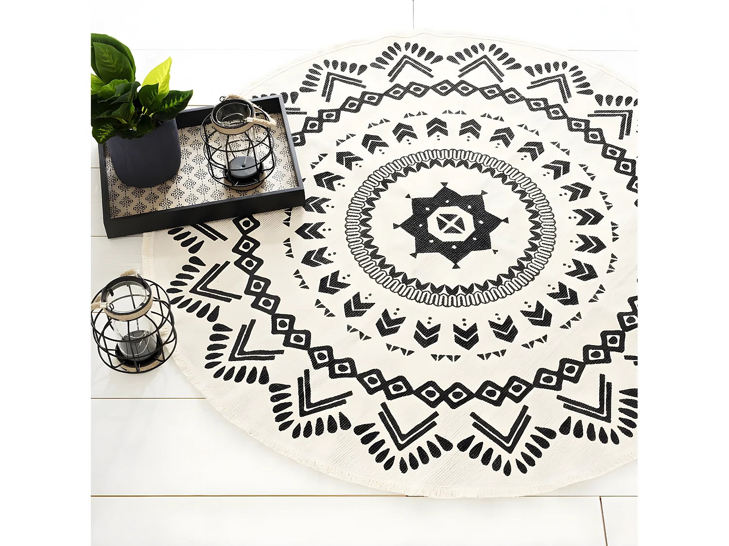 Tapis Rond Noir et Blanc en Coton D120 cm