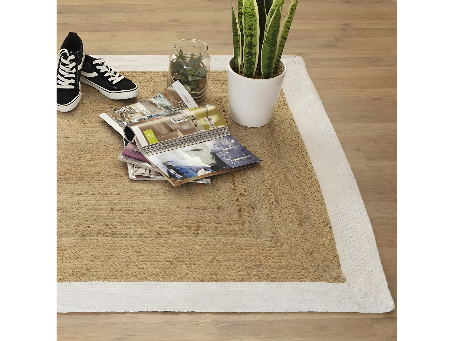 Tapis décoratif en Jute à Bord Blanc 120 x 170 cm