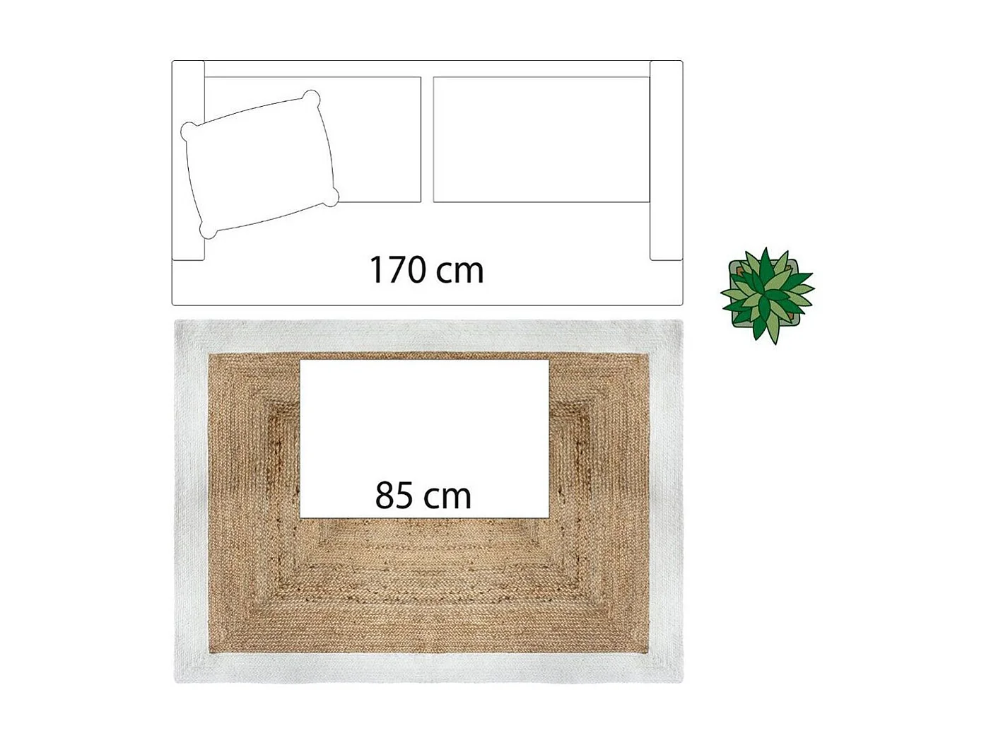 Dekorations-Teppich aus natürlichem Jute 120x170 cm mit weißem Baumwollrand, 1 cm Dicke, authentischer und natürlicher Stil