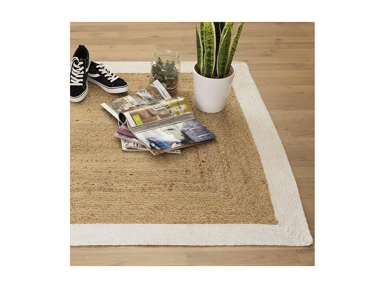 Dekorations-Teppich aus natürlichem Jute 120x170 cm mit weißem Baumwollrand, 1 cm Dicke, authentischer und natürlicher Stil