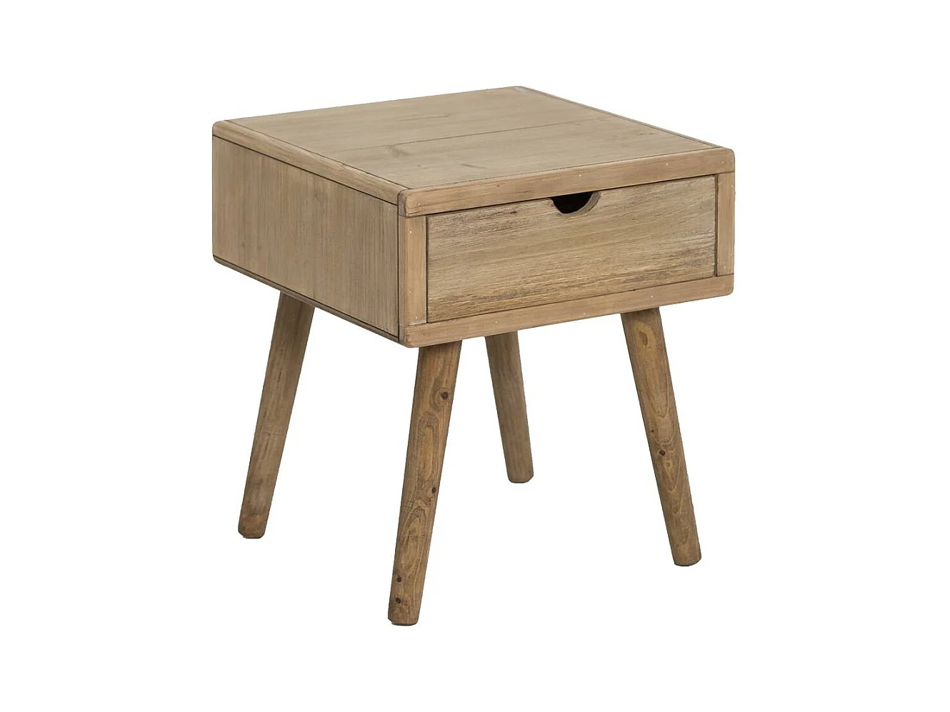 Mesa de noche de madera de abeto con patas de compás y almacenamiento