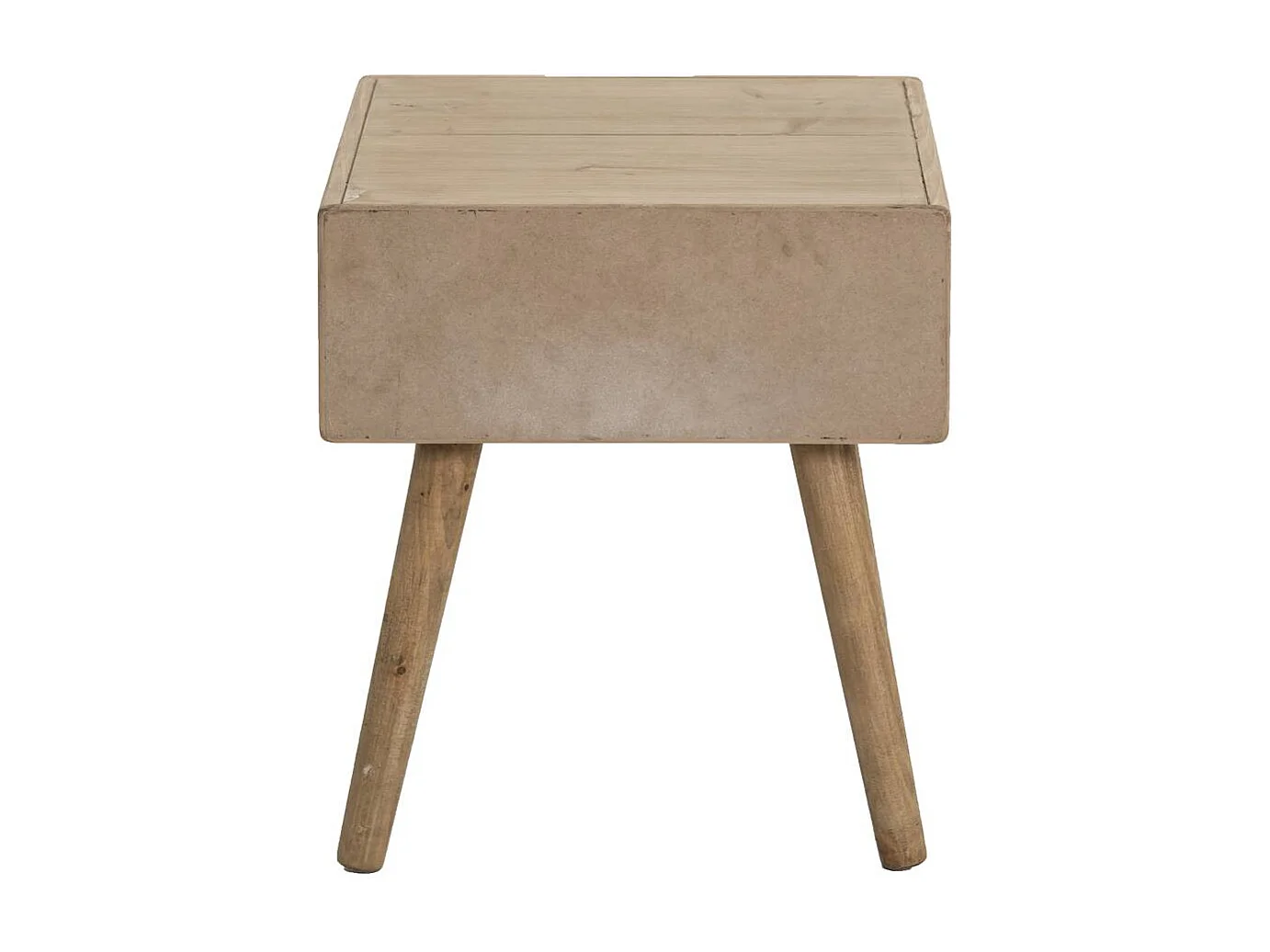 Mesa de noche de madera de abeto con patas de compás y almacenamiento