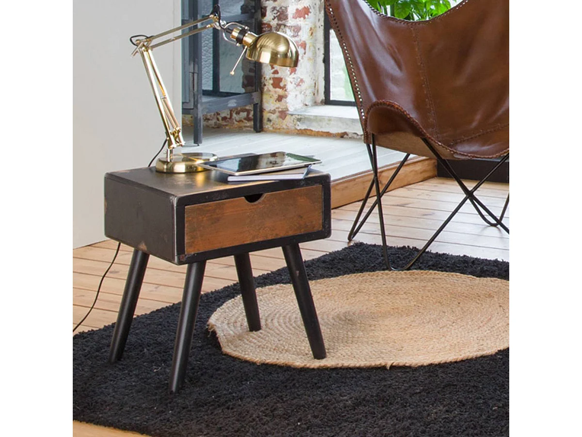 Mesa de noche de madera maciza Hollywood con almacenamiento - Estilo industrial