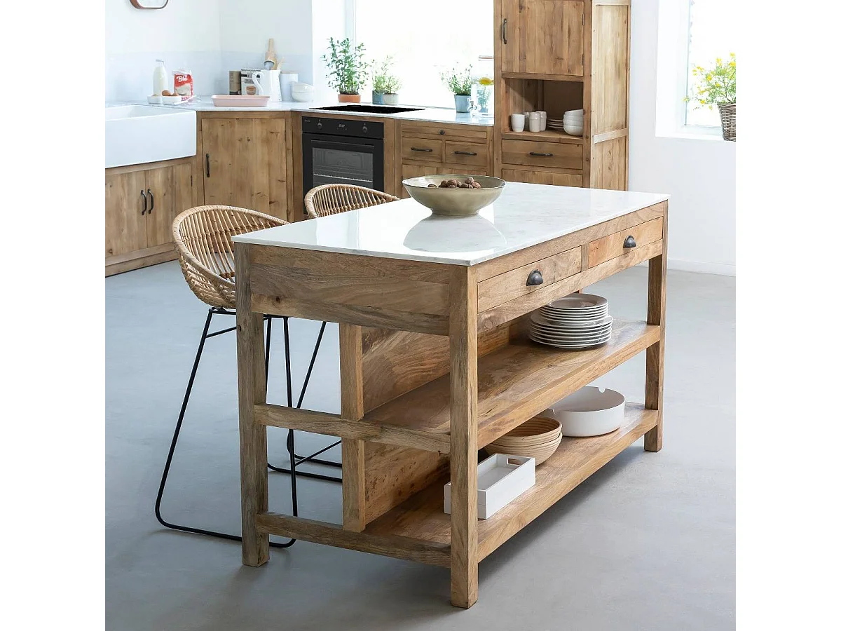 Ilot central en bois de manguier et marbre blanc Louisa