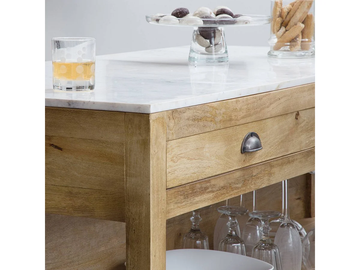 Ilot central en bois de manguier et marbre blanc Louisa