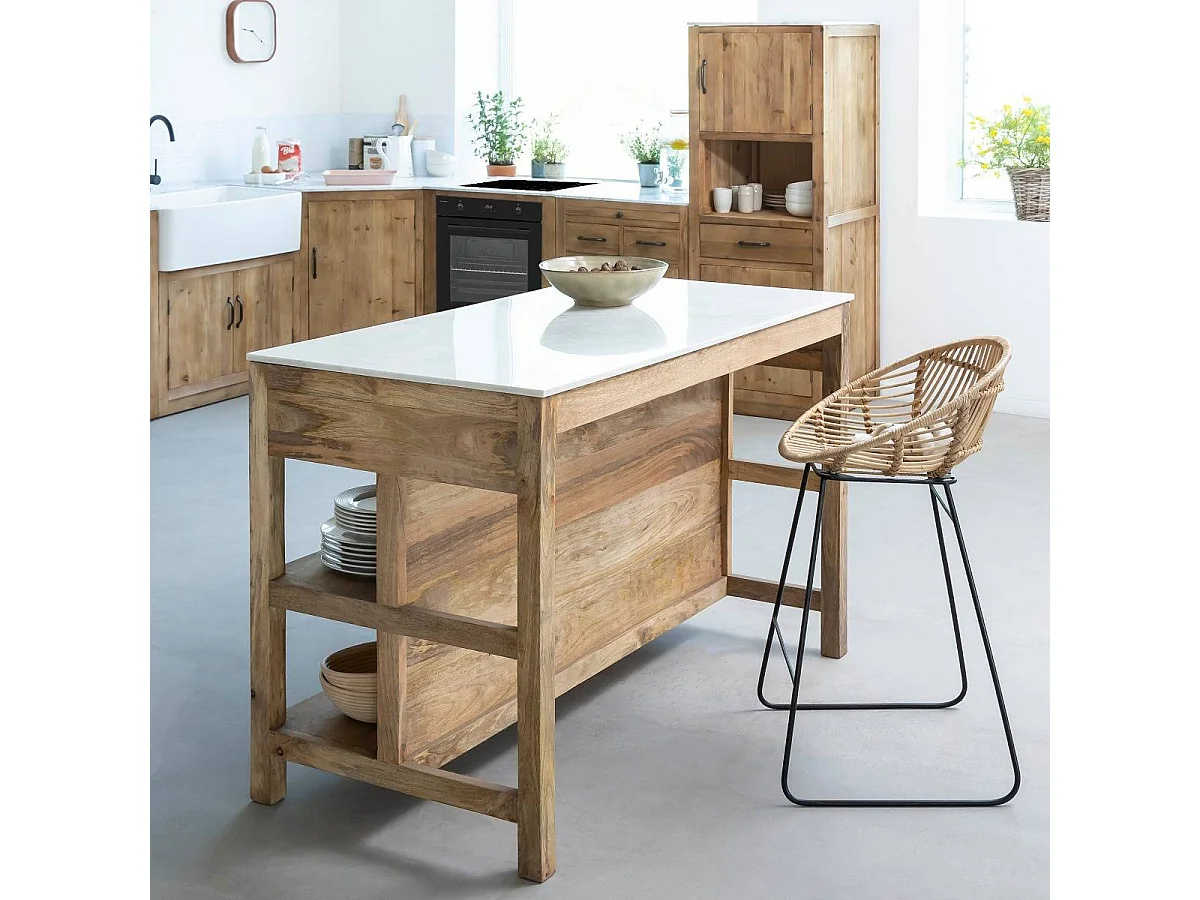 Ilot central en bois de manguier et marbre blanc Louisa