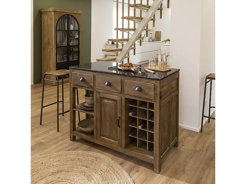 Isla central de madera de mango y encimera de mármol Paul - Almacenamiento para vajilla y botellas