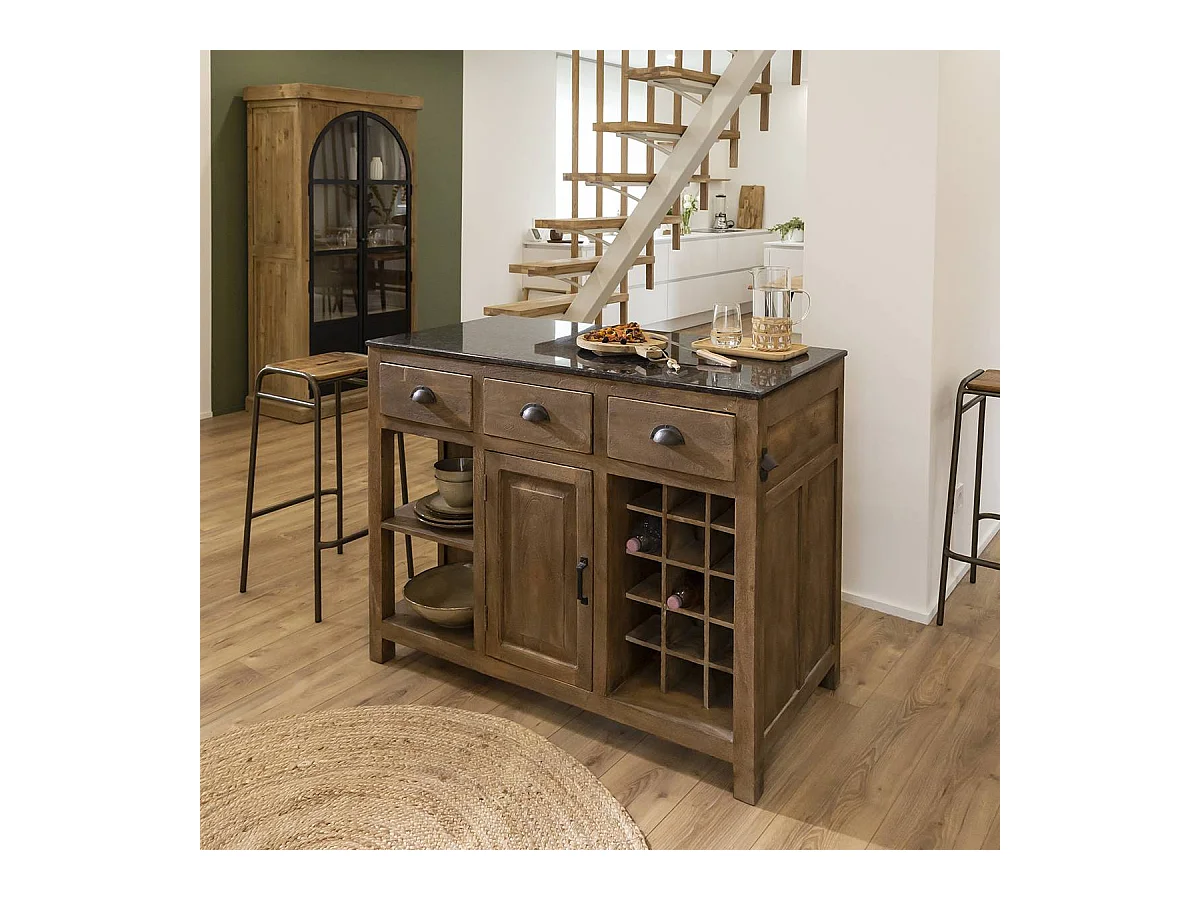 Isla central de madera de mango y encimera de mármol Paul - Almacenamiento para vajilla y botellas